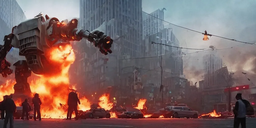 Prompt: movie still of a giant pig robot in the middle of a city on fire