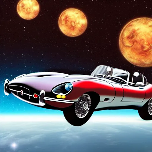 Prompt: a retro sci fi wallpaper of a jaguar e - type series 1 roadster flying in space