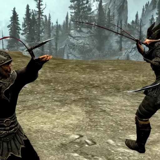 Prompt: a skyrim guard getting shot in the knee with an arrow