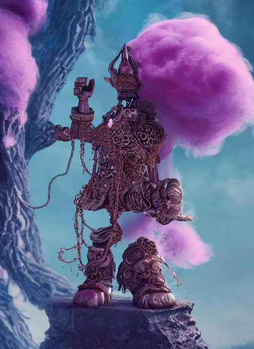 Prompt: fKrang standing with black jar, enchanted, magical, cotton candy trees, cinematic shot, intricate, ornate, photorealistic, ultra detailed, realistic, 100mm, photography, octane, high definition, depth of field, bokeh, 8k, behance, artstation