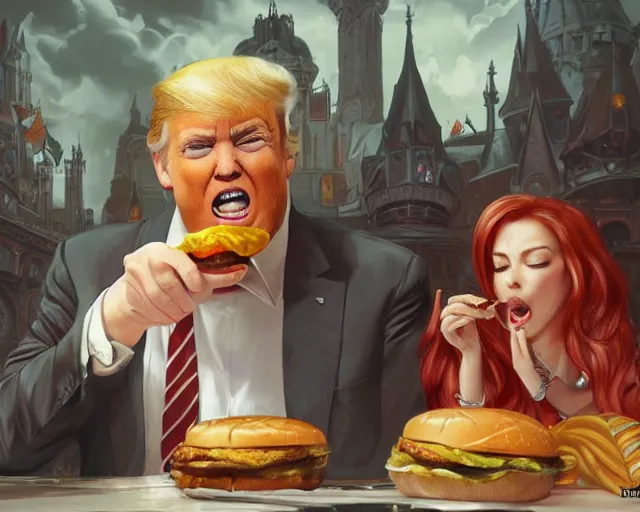 Prompt: donald trump licking a cheeseburger, deep focus, fantasy, intricate, highly detailed, digital painting, artstation, concept art, matte, sharp focus, illustration, hearthstone, art by artgerm and greg rutkowski and alphonse mucha