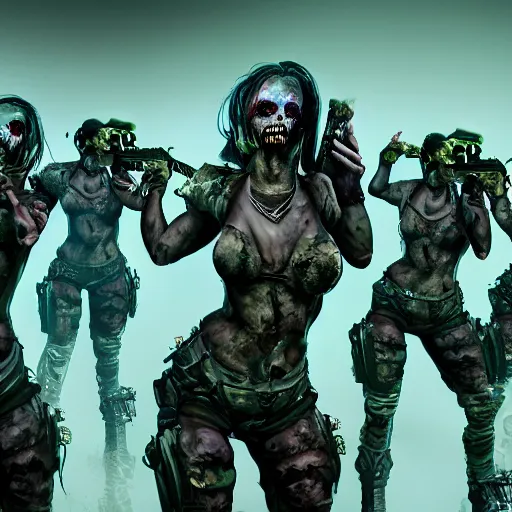 Prompt: squad of beautiful armed zombie girls in army of nurgl in fantasy forest, all filtered through a cybernetic lens, studio lighting, lit by flashing pixel light, cinematic lightning, medium shot, mid-shot, highly detailed, trending on artstation, Unreal Engine 4k, cinematic wallpaper