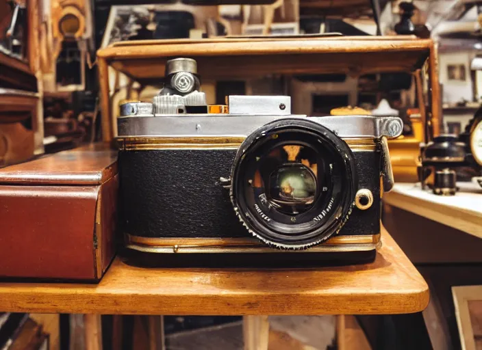Prompt: a photo from the 1 9 7 0 s of an old camera in an antiques store