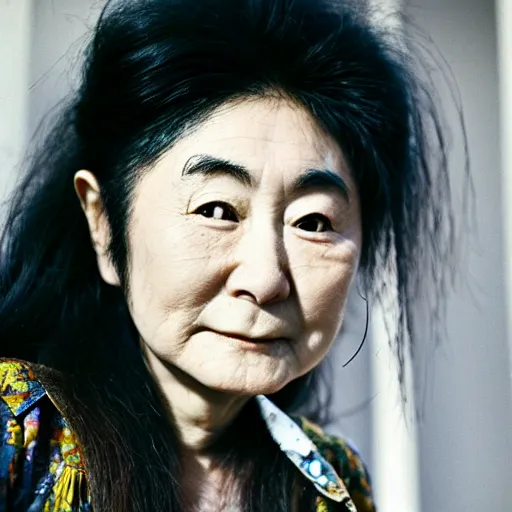 Prompt: photo of yoko ono in 1 9 7 4 with dyed purple hair, face tattoos, and face peircings