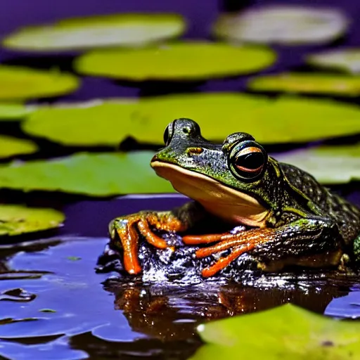 Image similar to dark clouds, close - up of a scared!!! frog in the pond with water lilies, shallow depth of field, highly detailed, autumn, rain, bad weather, ominous, digital art, masterpiece, matte painting, sharp focus, matte painting, by isaac levitan, asher brown durand,