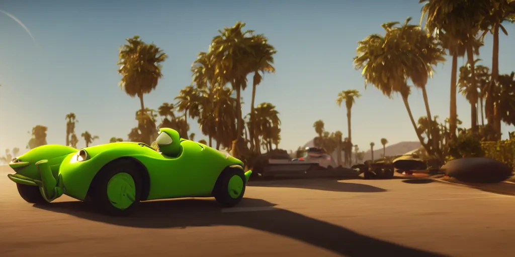 Prompt: kermit driving a car, wlop, palm trees, desert, cinematic lighting, hyperdetailed, 8 k realistic, symmetrical, global illumination, radiant light,, frostbite 3 engine, cryengine, dof, trending on artstation, digital art, chanel