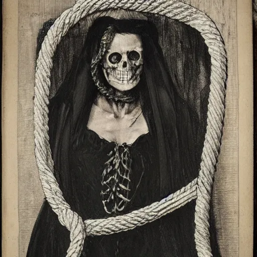 Image similar to dark schizophrenia portrait, death not dresses body woman in medieval dress, strangled with rope, not face, victorian style, high detail