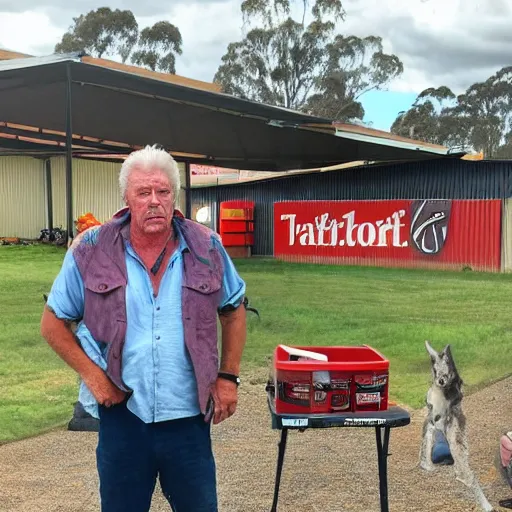 Prompt: john jarrat as mick taylor from wolf creek at a bunnings sausage sizzle, photorealistic, good lighting, award winning photograph