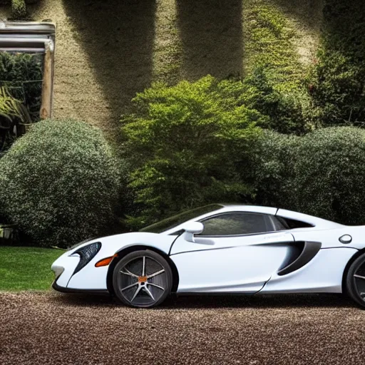 Prompt: A photo of a white dirty McLaren parked in the middle of a garden, 8K concept art, dreamy, garden, bushes, flowers, golden hour, vintage camera, detailed, UHD realistic faces, award winning photography, cinematic lighting