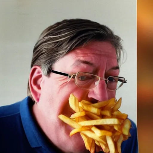 Prompt: photo of [ a single french fry chip ] shaped into stephen fry as a pixar character hybrid intercross mix cinematic lighting