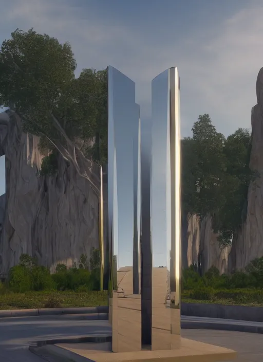 Image similar to highly detailed realistic architecture 3 d render of a mirrored stele monument in frank lloyd wright style standing on a side of a highway, archdaily, made in unreal engine 4 octane render