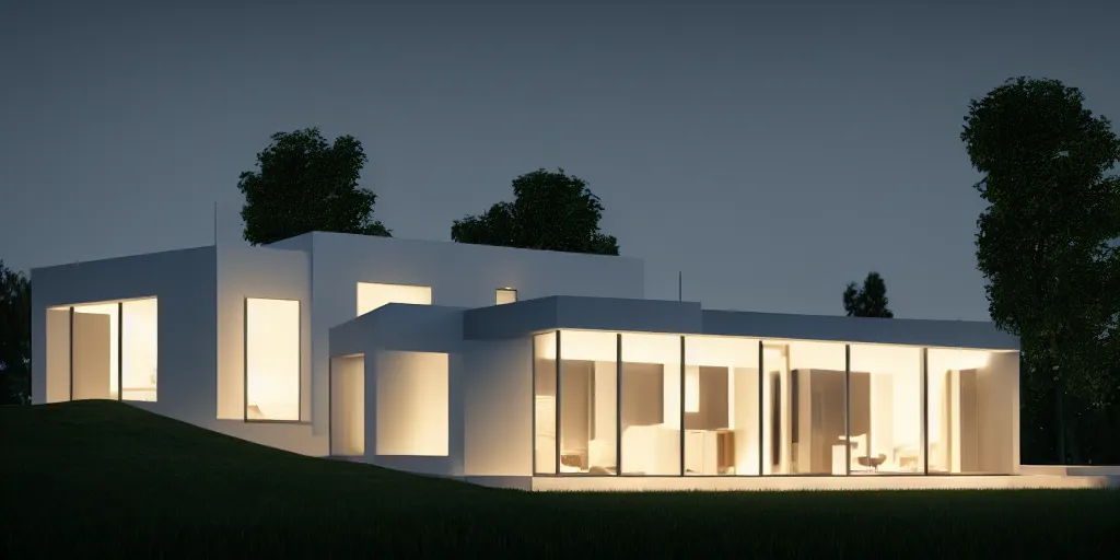 Image similar to A beautiful realistic architectural rendering of a modern minimalistic house with a mysterious glow emitting from inside, by octane render and corona render