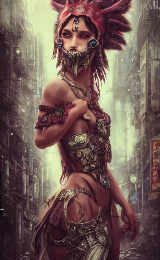 Image similar to hyper realistic Princess Mononoke, ornate mask magic, wet market street, cyberpunk metropolis, city landscape, jewels, full body pose, full moon, crowded streets, style of tom bagshaw, mucha, james gurney, norman rockwell, denoised, sharp