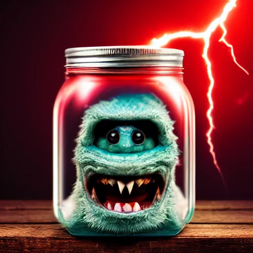 Image similar to Evil monster in a jar, product photography, centered, studio lightning