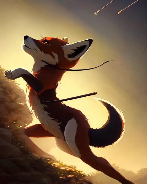 Prompt: a beautiful, dynamic illustration of an anthropomorphic fox - woman running while firing her winchester rifle, wild west theme, studio muti, greg rutkowski makoto shinkai takashi takeuch studio ghibli