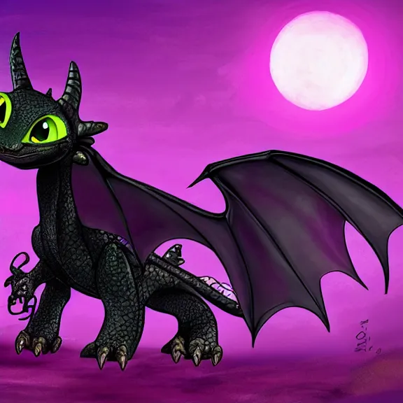 Image similar to High definition quality picture of toothless the dragon from How to Train a Dragon with a pink and purple Sunset Viking art style