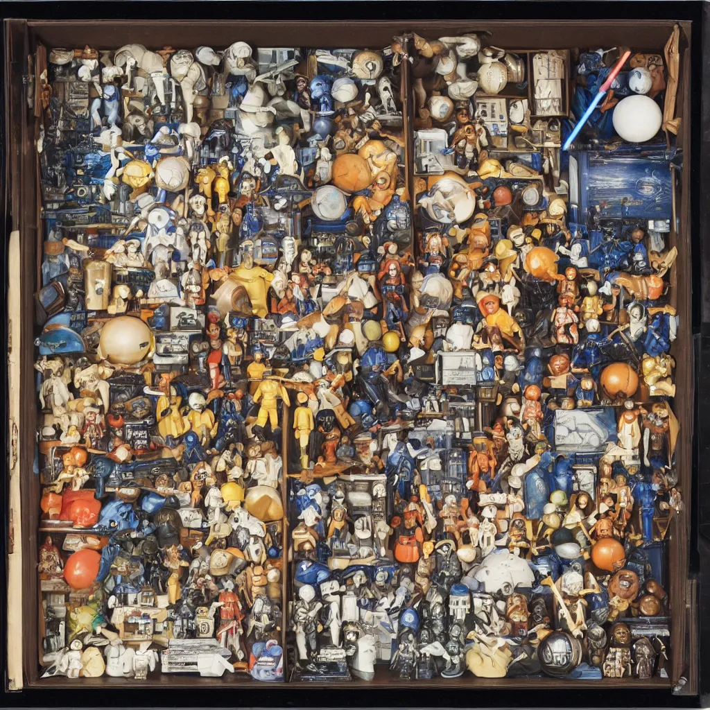 Image similar to a well - lit, detailed museum archive rich color photograph of a star wars memory box by joseph cornell, containing a few action figures, some photographs, a star chart, a ticket stub, and a large lightsaber