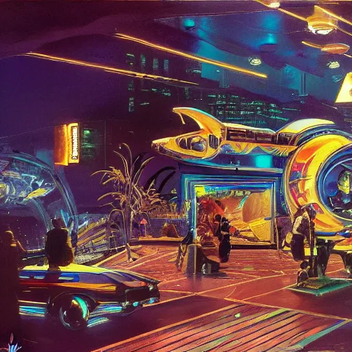 Prompt: painting of syd mead artlilery scifi fish tank with ornate metal work lands on a sidewalk,, volumetric lights, syd mead