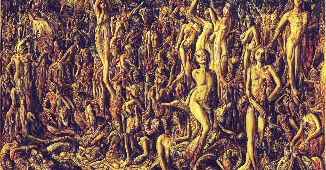 Image similar to Imagination of human souls sitting in cinema like room and watch very interested bright warm light of consciousness projecting their lives on the big wide screen, realistic, deep sense of spirituality, life meaning, meaning of physical reality, calm atmosphere, by Ernst Fuchs