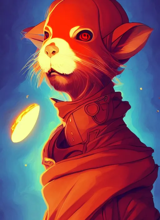 Image similar to style artgerm, joshua middleton, illustration, anthropomorphic hamster as alchemist artificer wearing orange pelt light armor, anime eyes, red hair, swirling fire cosmos, fantasy, dnd, cinematic lighting