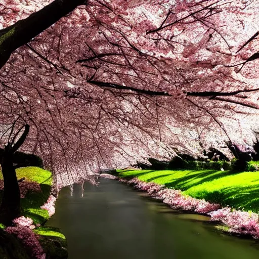 Image similar to photo of cherry blossom tree along a river, cinematic, beautiful, high detail, instagram,