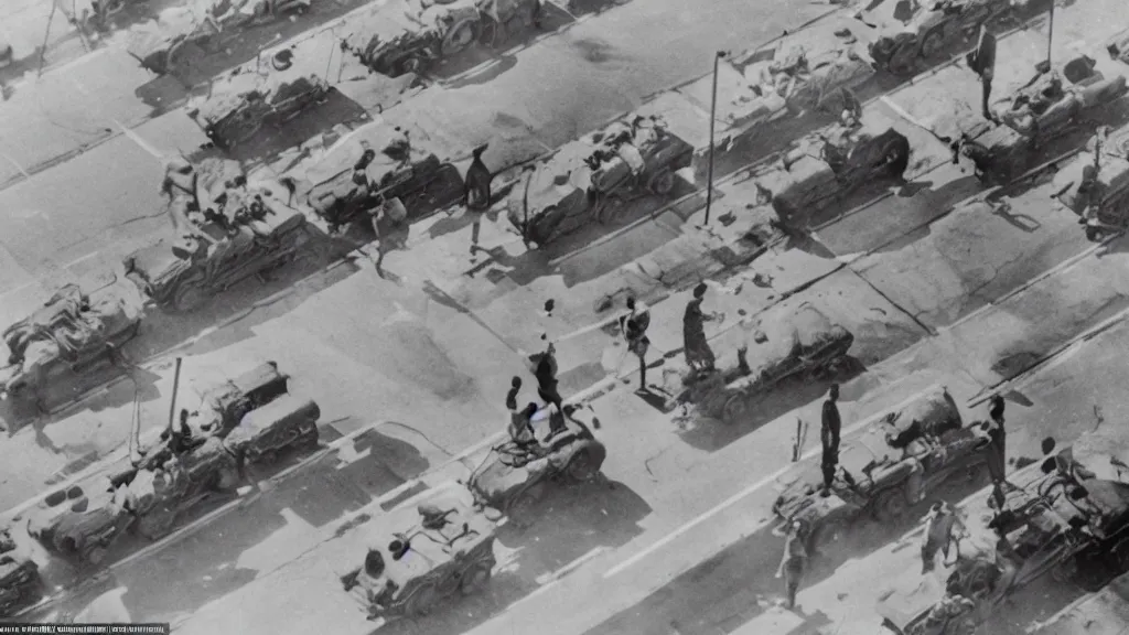 Image similar to a historic photo of a drone shot of a man holding grocery bags on both hands, standing in front of five tanks lined up approaching him on the highway