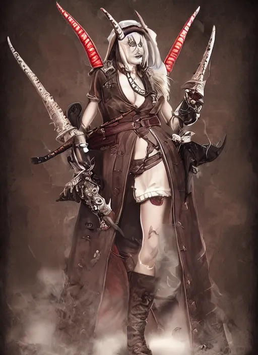 Image similar to female demonic pirate in a trenchcoat, goat horns, two flint - lock pistols, digital art, d & d, artstation, highly detailed