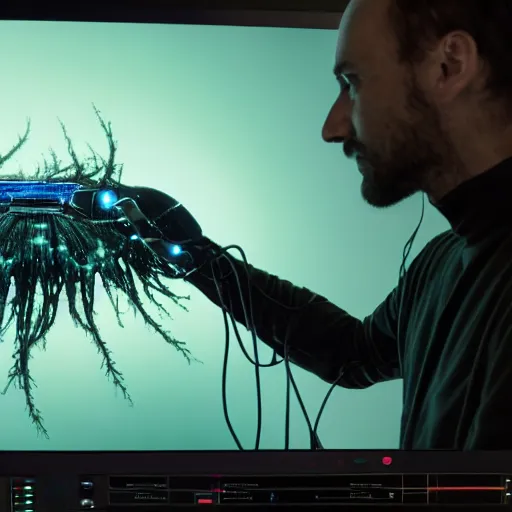 Prompt: complex bioluminescent robotic organism interacting with hyperdetailed computer screen, photograph by federico pelat & Greg rutkowski, 8k, Arri Alexa Movie Still, hyperdetailed, Sharp focus, technical drawing