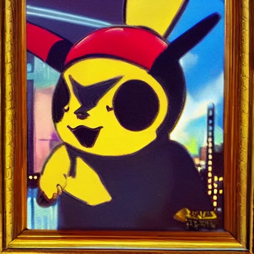 Prompt: old oil painting of a Pikachu in cyberpunk style