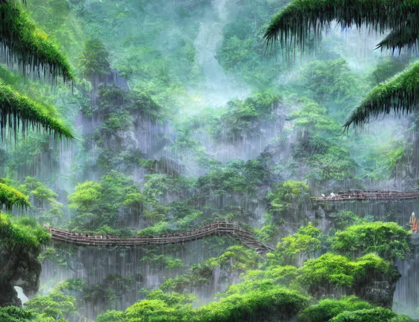 Image similar to a cinematic widescreen photo of many epic ancient japanese temples with a winding path and bridge to hot springs on the top of a mountain in a misty bamboo cloud forest with colossal waterfalls at dawn by studio ghibli and roger dean, terraced, mystical, trending on artstation