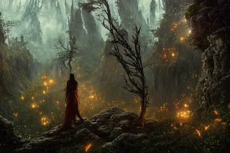 Prompt: detailed intricate digital illustration by greg rutkowski and david friedrich and ruan jia and fenghua zhong and steven belledi ; gothic fantasy valley and forest faerie fey unseelie in background ; 1 3 mm film, arri alfa anamorphic lens ; sharp focus, eventide, fireflies ; trending on artstation 8 k