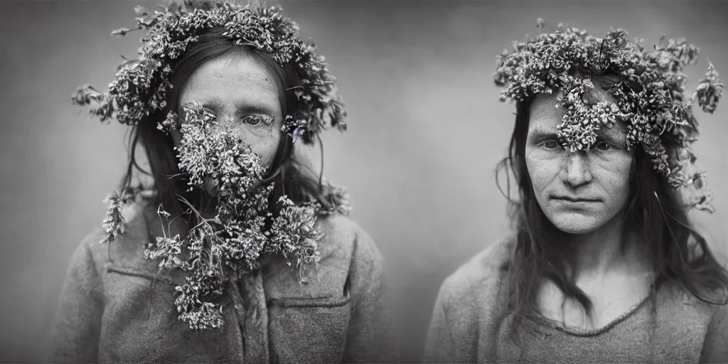 Prompt: portrait photography tyrolean female farmer, leaves and edelweiss growing from face, hay cloths, desaturated, fog, 1. 2 f, 3 5 mm, dark, little antlers, 1 9 2 0 s ghost photography