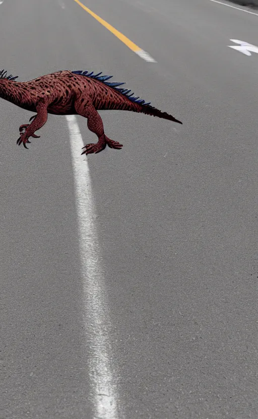 Image similar to a utahraptor running cross the road, realistic, 3 5 mm, 4 k