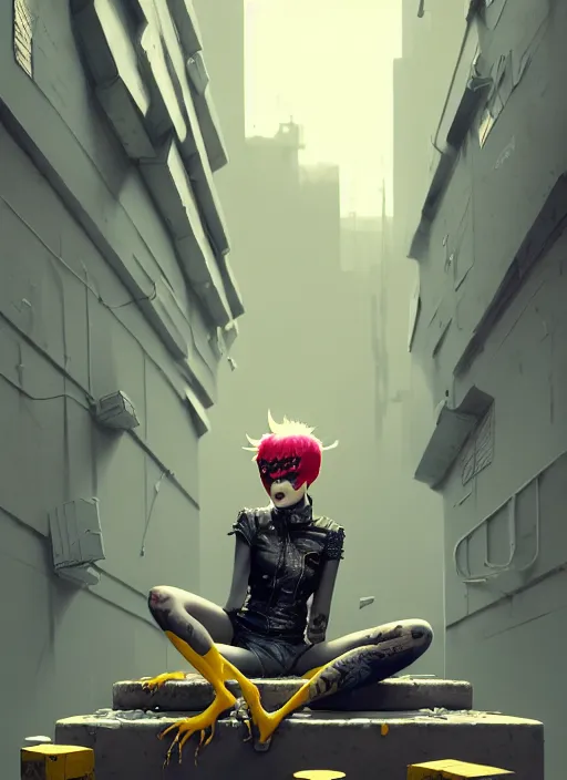 Image similar to highly detailed matte painting, of punk girl sitting on maximalist 3 d calligraphy graffiti tag light eroding grey walls, by atey ghailan, by greg rutkowski, by greg tocchini, by james gilleard, by joe fenton, by kaethe butcher, yellow, brown, black and cyan mystical color scheme, grunge aesthetic, octane render