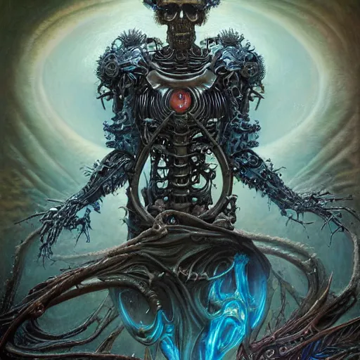 Prompt: A beautiful detailed cyborg tarot card, by tomasz alen kopera and Justin Gerard, symmetrical features, ominous, magical realism, texture, intricate, ornate, royally decorated, mechanic, skeleton, whirling smoke, embers, red adornements, blue torn fabric, radiant colors, fantasy, trending on artstation, volumetric lighting, micro details, 3d sculpture, ray tracing, 8k, anaglyph effect, digital art