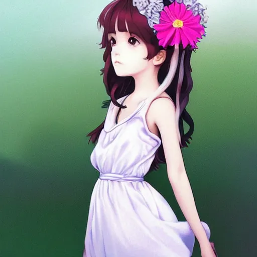Image similar to little girl with flowers in hair wearing an white dress, art by ilya kuvshinov, profile picture, inspired in hirohiko araki, realistic, highly detailed, 8 0 s anime art style