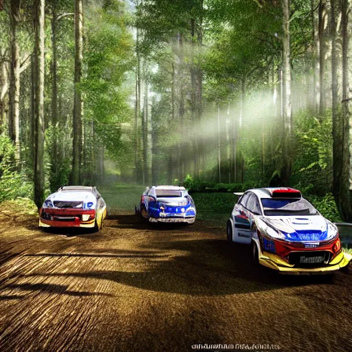 Image similar to 3 rally cars racing through a forest with a river behind them, sun shining through the trees, motion blur high detail ultra realistic