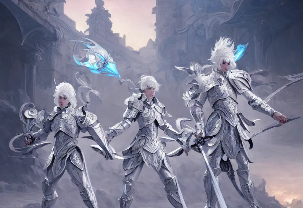 Image similar to white hair knights of zodiac gir, matt white ice color armor, are combat fighting each other with magical sci - fi weapon in ruined agora of athens sunrise, intricate and elegant, highly detailed, digital painting, artstation, concept art, smooth and sharp focus, illustration, art by tian zi and wlop and alphonse mucha