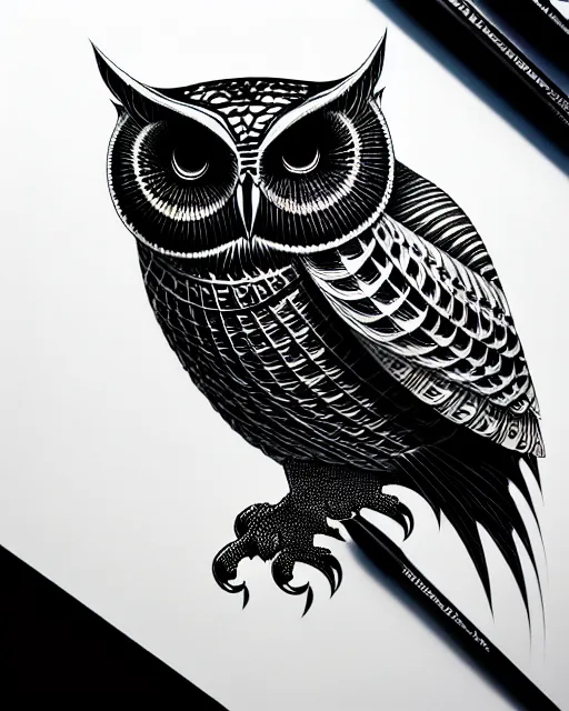 Prompt: side view of a majestic owl, high details, bold line art, by vincent di fate and joe fenton, inking, etching, screen print, masterpiece, trending on artstation, sharp, high contrast, hyper - detailed, hd, 4 k, 8 k