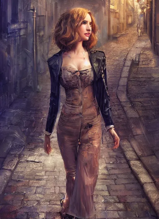 Image similar to a beauty woman walking on a dark city alley, full body, 8 k, hyperrealistic, hyperdetailed, fantasy portrait by laura sava