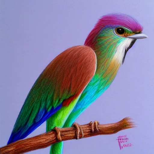 Image similar to a color pencil drawing of an lilac - breasted roller - eater by natalia rojas and ana maria martinez jaramillo, pastel color, wingspan, high quality, artstation, 4 k, realism, ultra realistic, fine art, white background, professionnal work