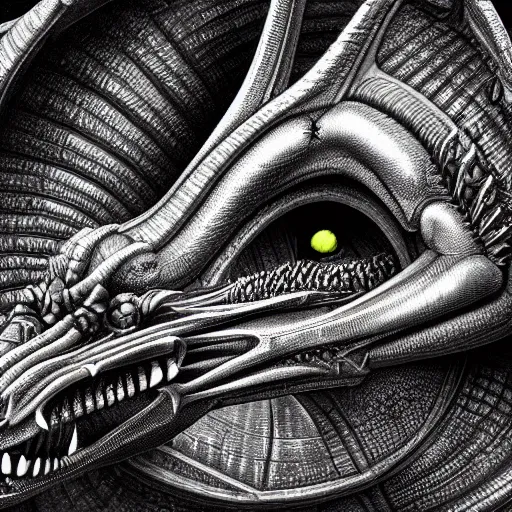 Image similar to cross section anatomy of a black scaled dragon 3D, 8k resolution by H R Giger