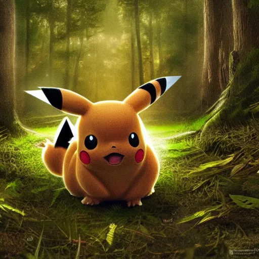 Image similar to very very intricate photorealistic photo of pikachu in a forest, photo is in focus with detailed atmospheric lighting, award - winning details