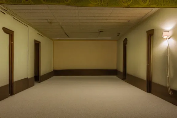 Image similar to an endless space of empty connecting rooms with old yellowed wallpaper from the 1970s and beige carpet lit by fluorescent lights