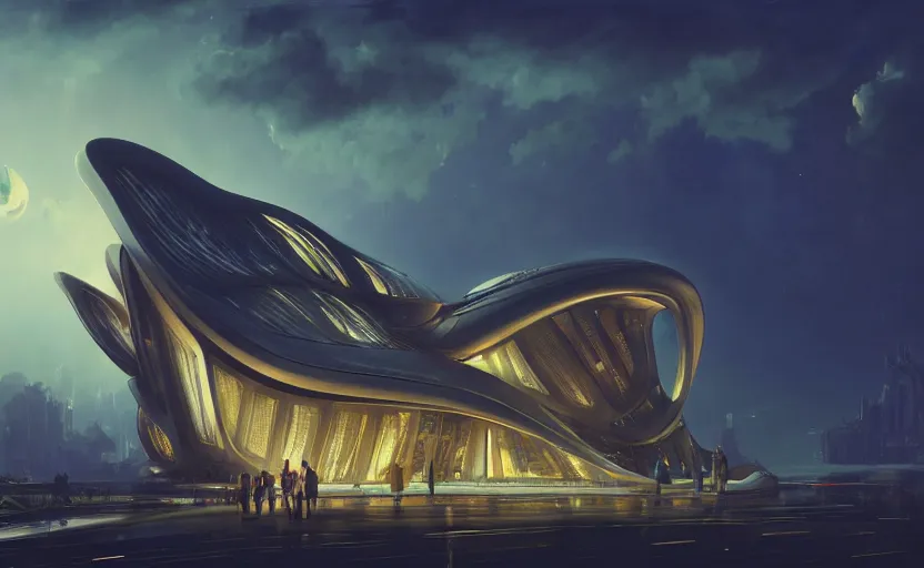 Prompt: exterior shot of utopian architecture building with cinematic lighting by zaha hadid and renzo piano, darek zabrocki and greg ruthkowski, alphonse mucha, simon stalenhag, cinematic, paradise, scifi, futurism, atmospheric, sunset, concept art, artstation, trending on artstation