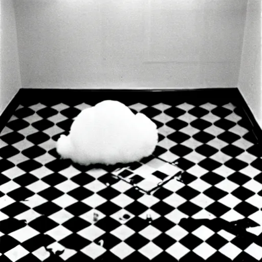 Prompt: 3 5 mm film photography by stanley kubrick, award winnin photo of an old room with checker floor and with a singular cloud floating inside it