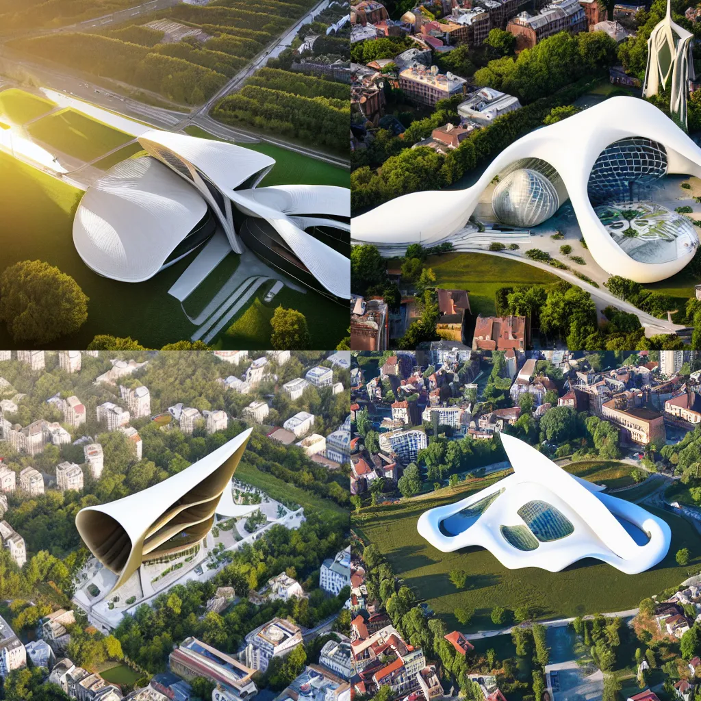 Prompt: Church of Ecofuturism designed by Zaha Hadid, aerial photography, golden hour