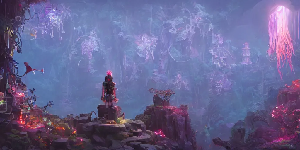 Prompt: 3 d scene of temple portal modelling goddess close - woodsman wearing a steampunk and neonpunk mechanical fluorescent mystical animal mask in strange misty mountain landscape. betta fish, jellyfish phoenix, bio luminescent, plasma, ice, water, wind, creature, artwork by tooth wu and wlop and beeple and greg rutkowski