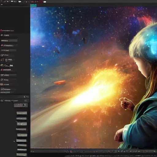 Image similar to a young mage creating a universe on a monitor, hyperrealistic, extremely detailed, award-winning art, trending on Artstation