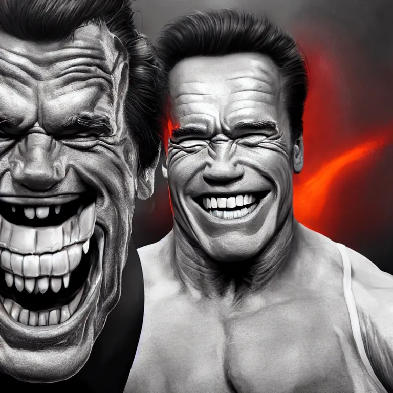 Image similar to Portrait of Arnold Schwarzenegger laughing hysterically with crazy eyes, hyperrealistic, concept art, illustration, 8k, cinematic, digital painting, very detailed, volumetric lighting, artstation, octane render
